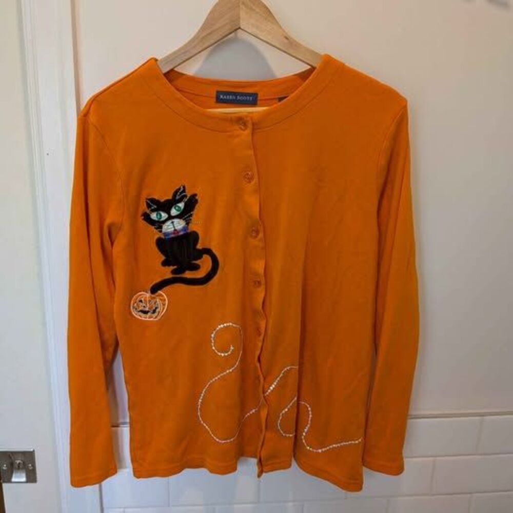 Vintage Karen Scott Halloween Cardigan Black Cat Jack-o-Lantern Witch Sequin S